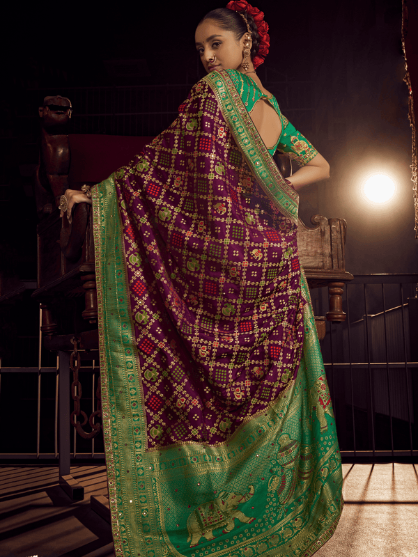 Magenta Purple Patola Dola Silk Saree With Contrast Blouse