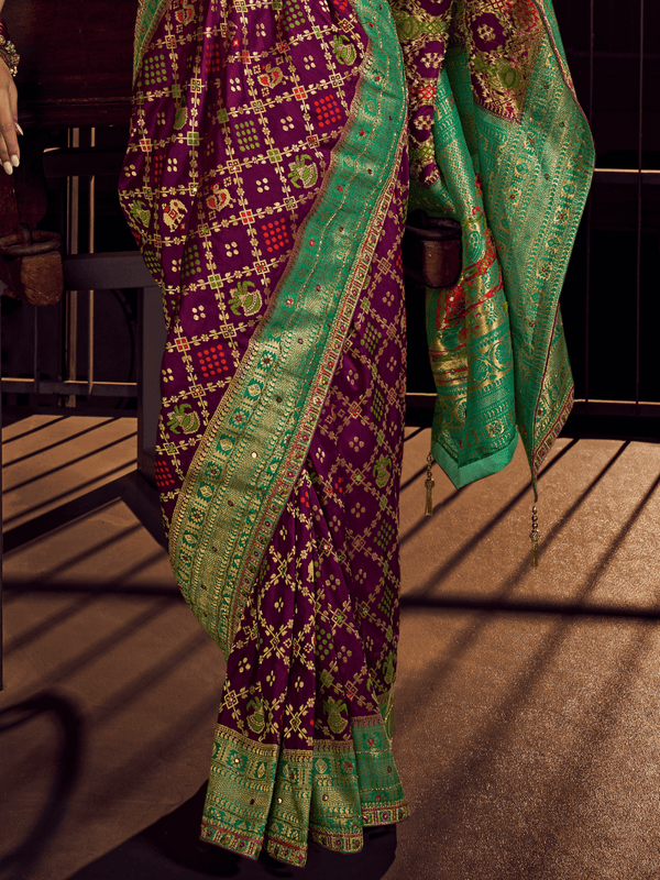 Magenta Purple Patola Dola Silk Saree With Contrast Blouse