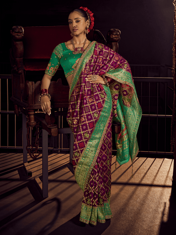 Magenta Purple Patola Dola Silk Saree With Contrast Blouse