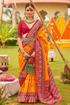 Mango Yellow And Festive Red Printed Patola Silk Saree