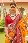 Mango Yellow And Festive Red Printed Patola Silk Saree