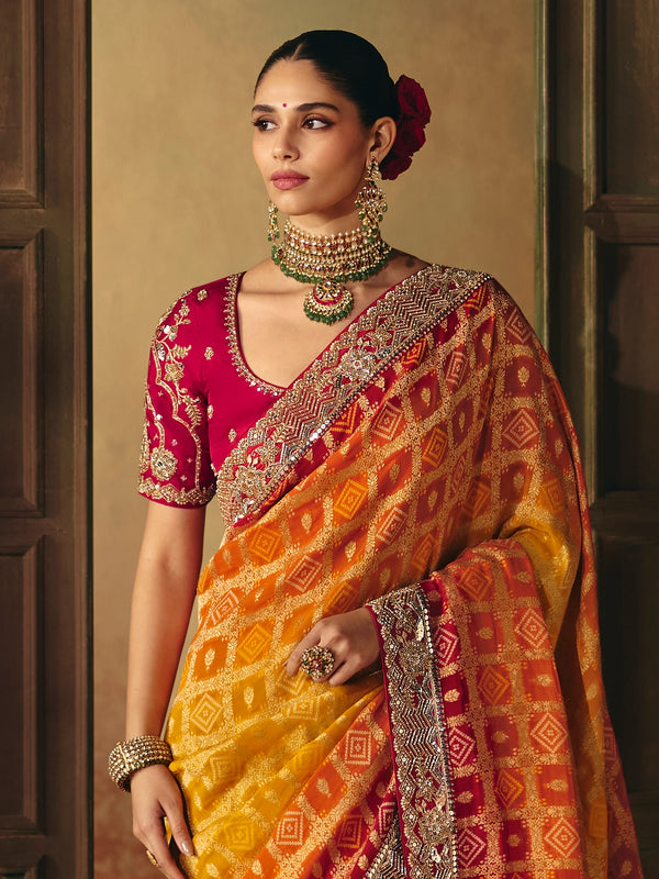 Marigold Orange Bandhani Banarasi Georgette Saree, pallu and blouse