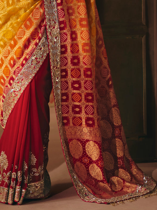 Marigold Orange Bandhani Banarasi Georgette Saree, border and drape