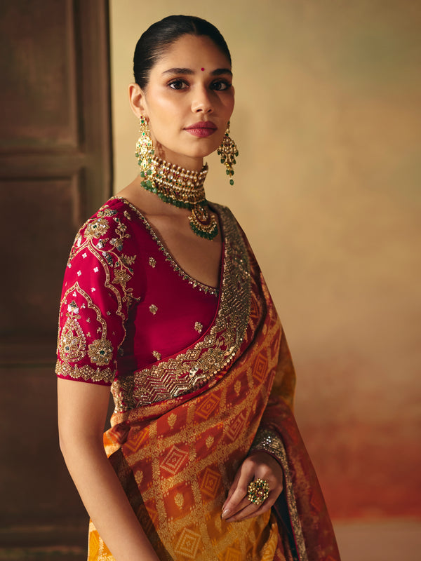 Marigold Orange Bandhani Banarasi Georgette Saree, pallu and blouse