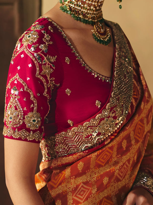 Marigold Orange Bandhani Banarasi Georgette Saree, contrast blouse close-up