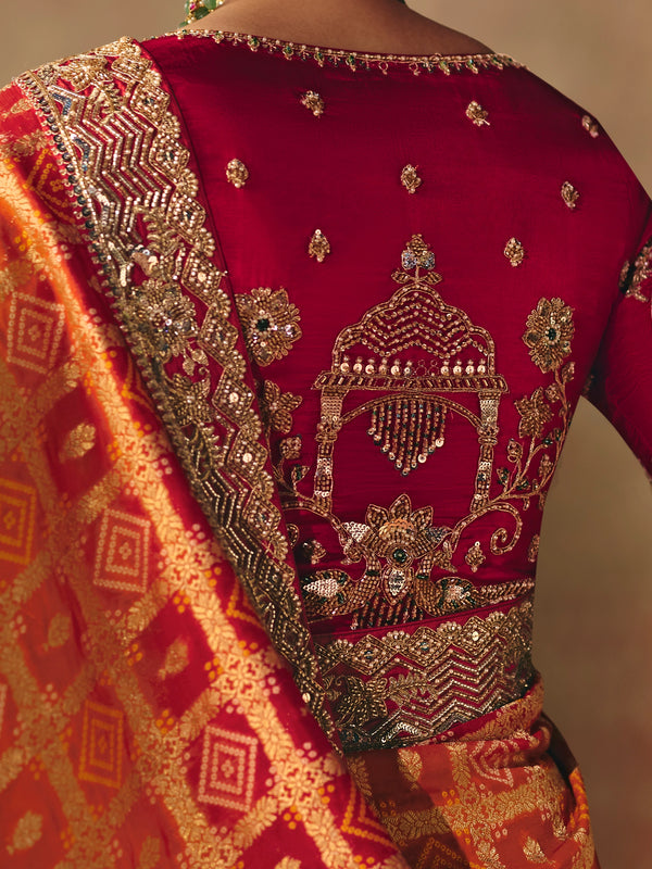 Marigold Orange Bandhani Banarasi Georgette Saree, back view