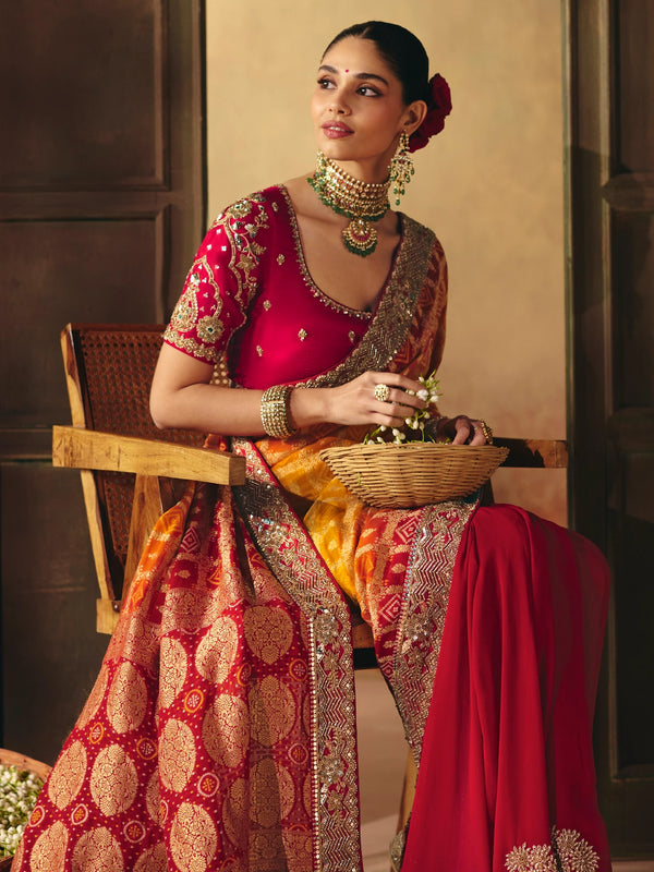 Marigold Orange Bandhani Banarasi Georgette Saree With Contrast Blouse