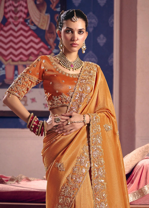 Marigold Orange Zari Tissue Designer Embroidered Saree