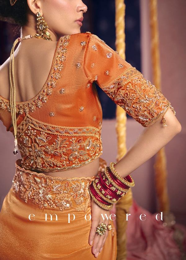 Marigold Orange Zari Tissue Designer Embroidered Saree