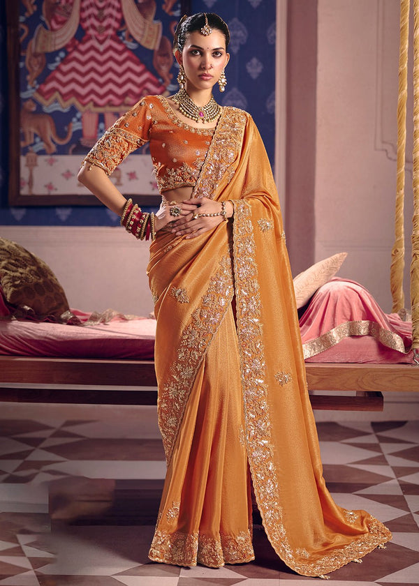Marigold Orange Zari Tissue Designer Embroidered Saree
