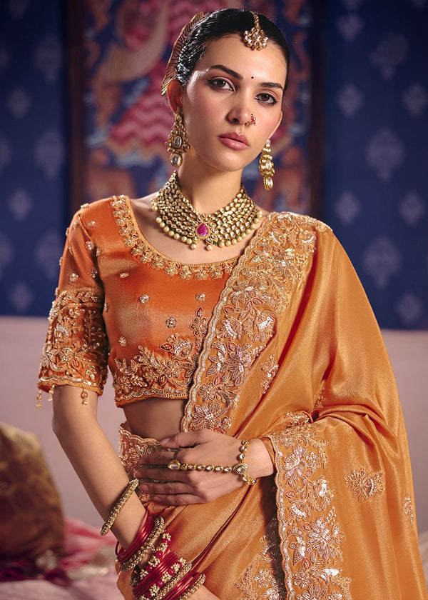 Marigold Orange Zari Tissue Designer Embroidered Saree