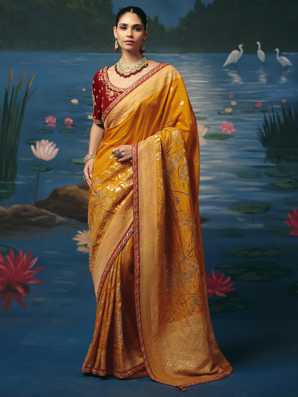 Marigold Yellow Banarasi Dola Silk Saree With Contrast Blouse