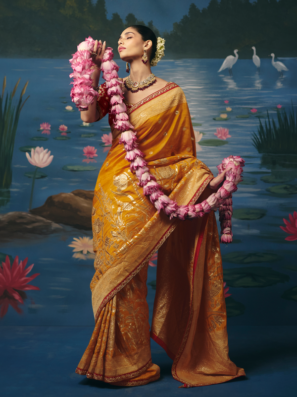 Marigold Yellow Banarasi Dola Silk Saree With Contrast Blouse