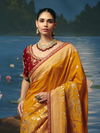 Marigold Yellow Banarasi Dola Silk Saree, pallu and blouse