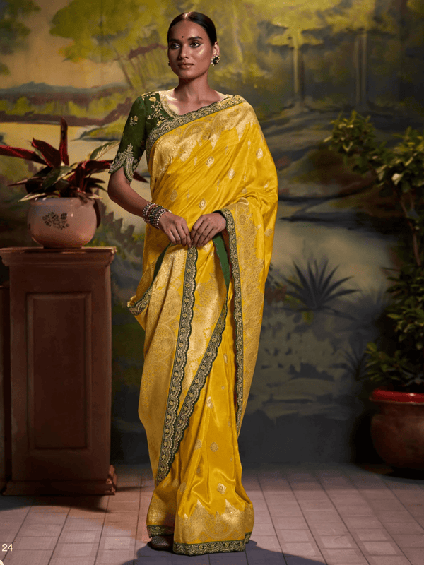 Marigold Yellow Banarasi Satin Silk Saree With Contrast Blouse
