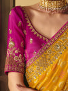 Marigold Yellow Bandhani Banarasi Georgette Saree, contrast blouse close-up