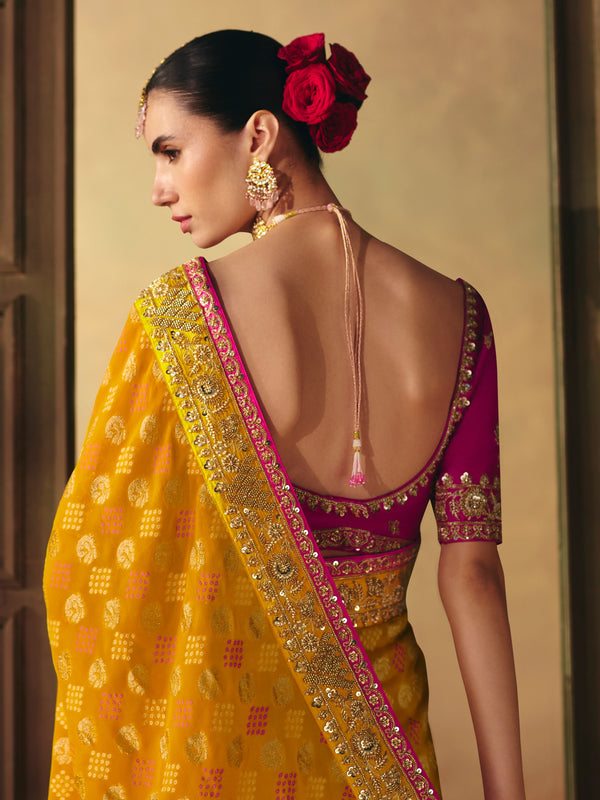 Marigold Yellow Bandhani Banarasi Georgette Saree, back view