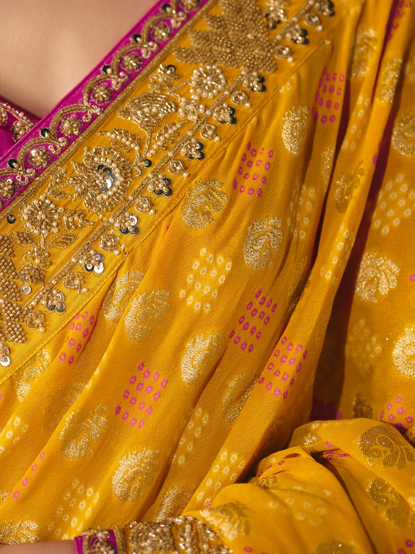 Marigold Yellow Bandhani Banarasi Georgette Saree, weave and work detail