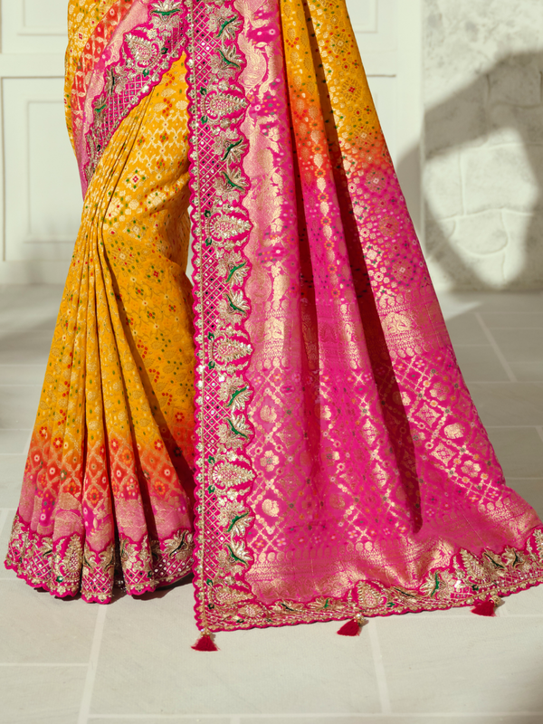 Marigold Yellow Bandhani Banarasi Georgette Saree With Contrast Blouse