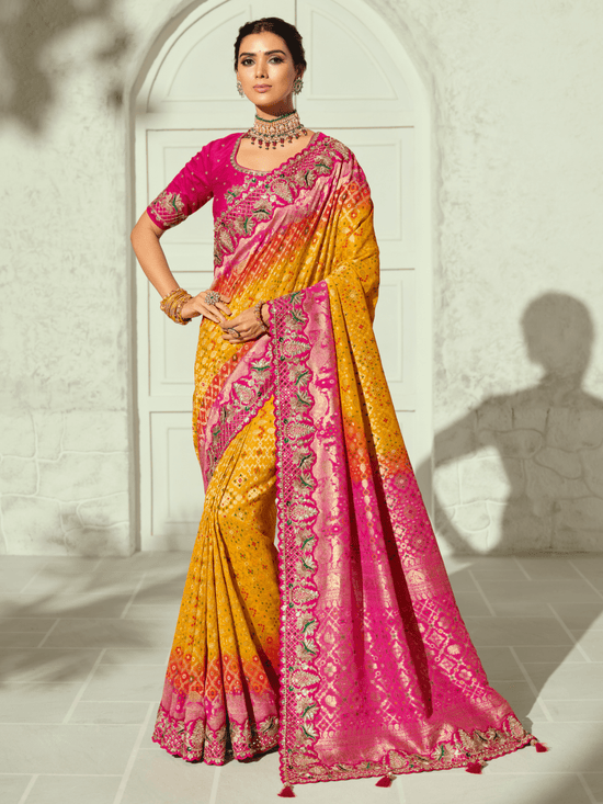 Marigold Yellow Bandhani Banarasi Georgette Saree With Contrast Blouse