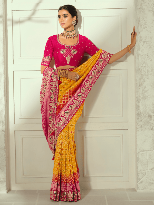 Marigold Yellow Bandhani Banarasi Georgette Saree With Contrast Blouse