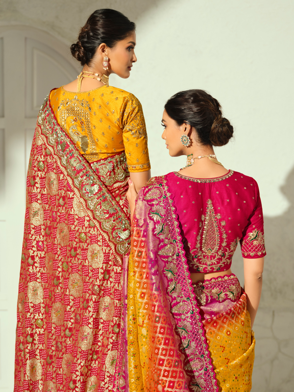 Marigold Yellow Bandhani Banarasi Georgette Saree With Contrast Blouse