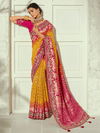 Marigold Yellow Bandhani Banarasi Georgette Saree With Contrast Blouse