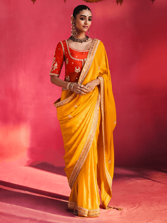 Marigold Yellow Embroidered Designer Satin Silk Saree With Contrast Blouse