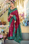 Maroon And Emerald Green Woven Banarasi Soft Silk Saree