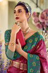 Maroon And Emerald Green Woven Banarasi Soft Silk Saree