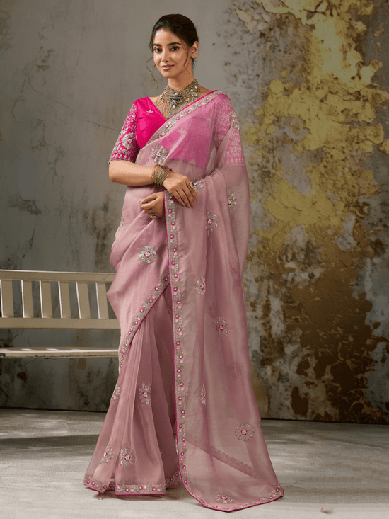 Mauve Pink Embroidered Designer Organza Silk Saree