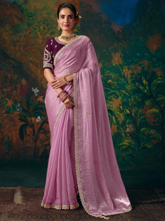 Mauve Pink Embroidered Designer Satin Silk Saree With Contrast Blouse