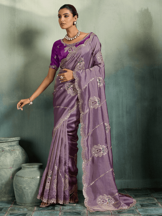 Mauve Purple Embroidered Designer Tissue Silk Saree With Contrast Blouse