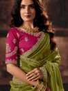 Mehendi Green Embroidered Designer Satin Silk Saree With Contrast Blouse