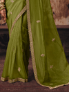 Mehendi Green Embroidered Designer Satin Silk Saree With Contrast Blouse