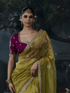 Mehendi Green Embroidered Designer Tissue Silk Saree With Contrast Blouse