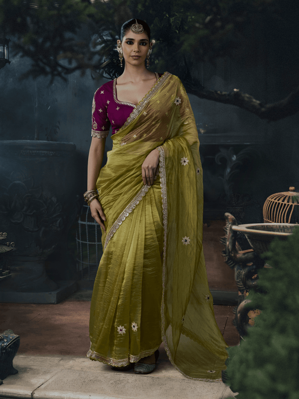 Mehendi Green Embroidered Designer Tissue Silk Saree With Contrast Blouse