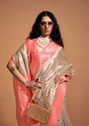 Melon Pink And Cream Woven Kanjivaram Silk Saree