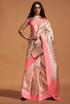 Melon Pink And Cream Woven Kanjivaram Silk Saree