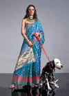 Metallic Blue Silk Saree With Temple Border