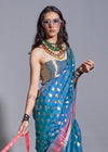 Metallic Blue Silk Saree With Temple Border