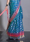 Metallic Blue Silk Saree With Temple Border