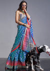 Metallic Blue Silk Saree With Temple Border