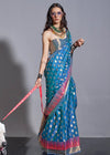 Metallic Blue Silk Saree With Temple Border