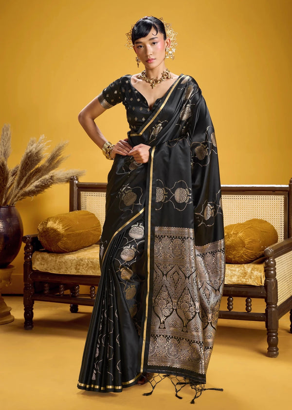 Midnight Black Banarasi Satin Silk Saree