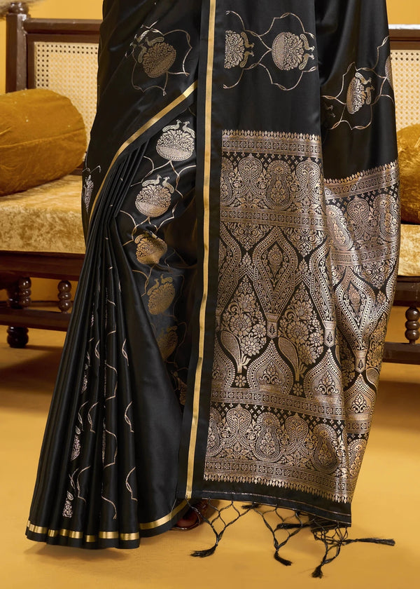 Midnight Black Banarasi Satin Silk Saree