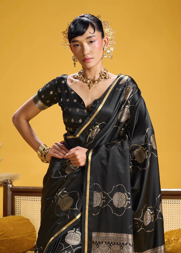 Midnight Black Banarasi Satin Silk Saree