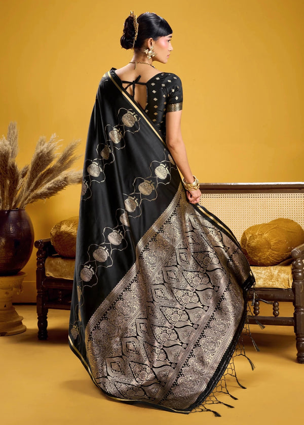 Midnight Black Banarasi Satin Silk Saree