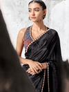 Midnight Black Embroidered Designer Satin Silk Saree With Contrast Blouse