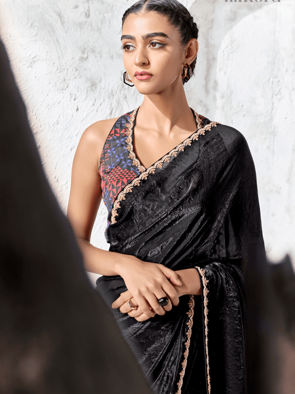 Midnight Black Embroidered Designer Satin Silk Saree With Contrast Blouse